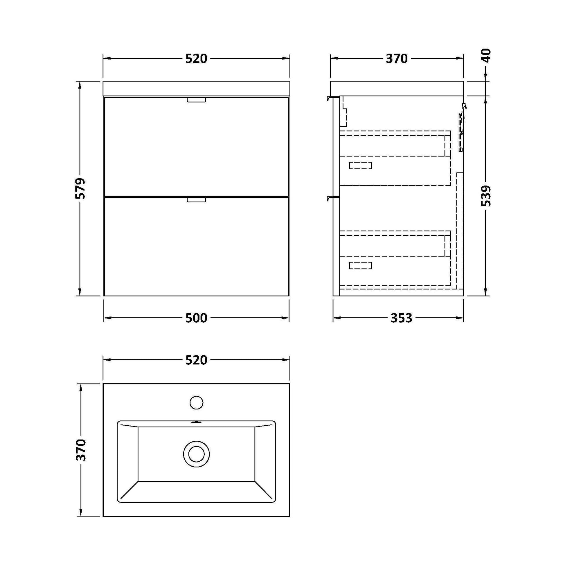 [BFDY141A] Alrewas Contemporary 2 Drawer Wall Hung Vanity Unit with Basin, Gloss White, 500mm - Technical Drawing