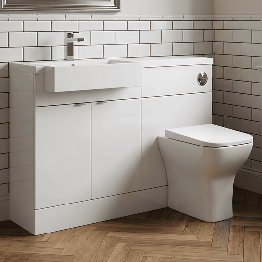 [BFDY150] Alrewas Contemporary 2 Door Left-Hand Floor Standing Combination Unit with Polymarble Basin, Gloss White, 1100mm - Silo