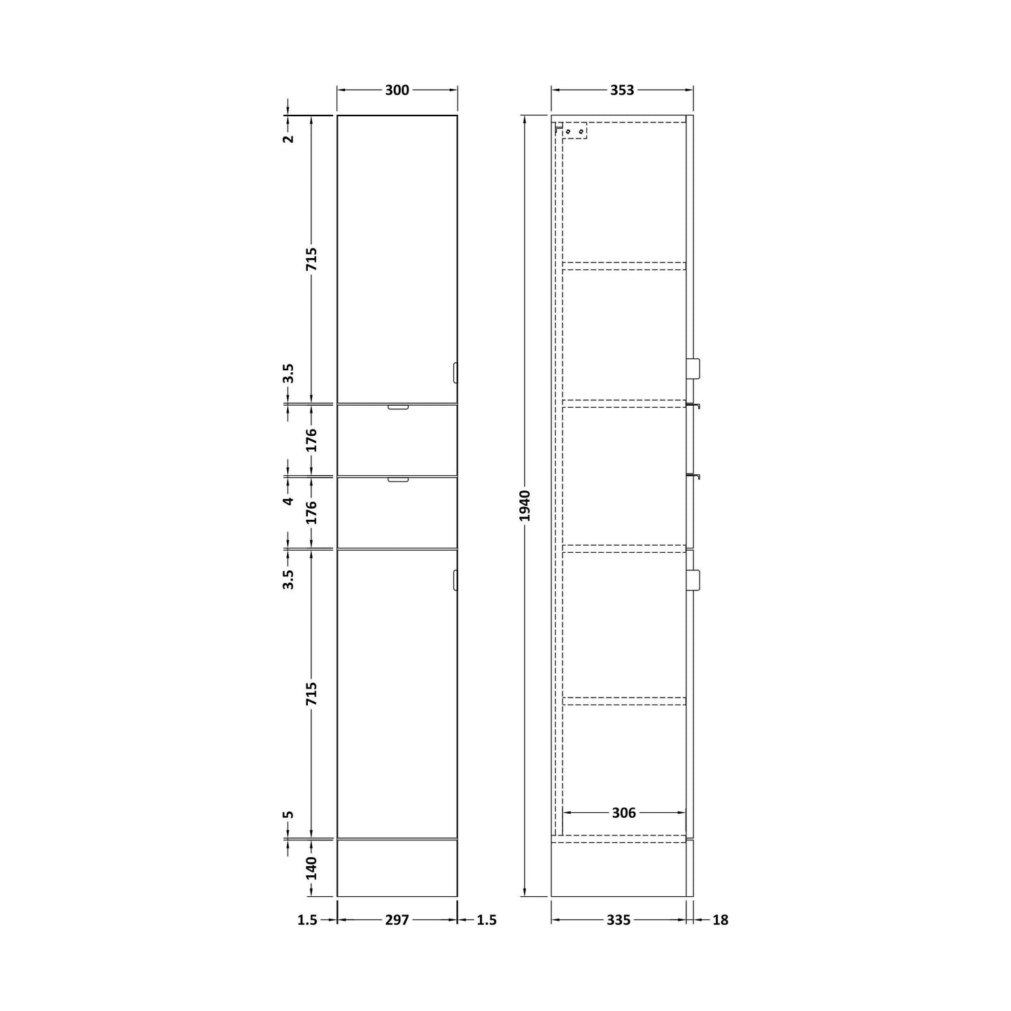 [BFDY162] 300 Tall Unit GLWHT - Technical Drawing