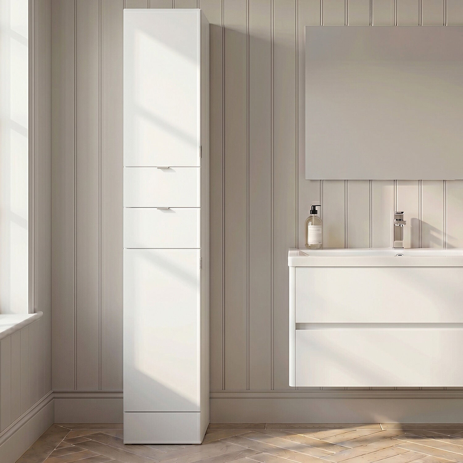 [BFDY162] Alrewas 300mm 2 Door Drawer Gloss White Floor Standing Tall Cabinet With Handles - Silo