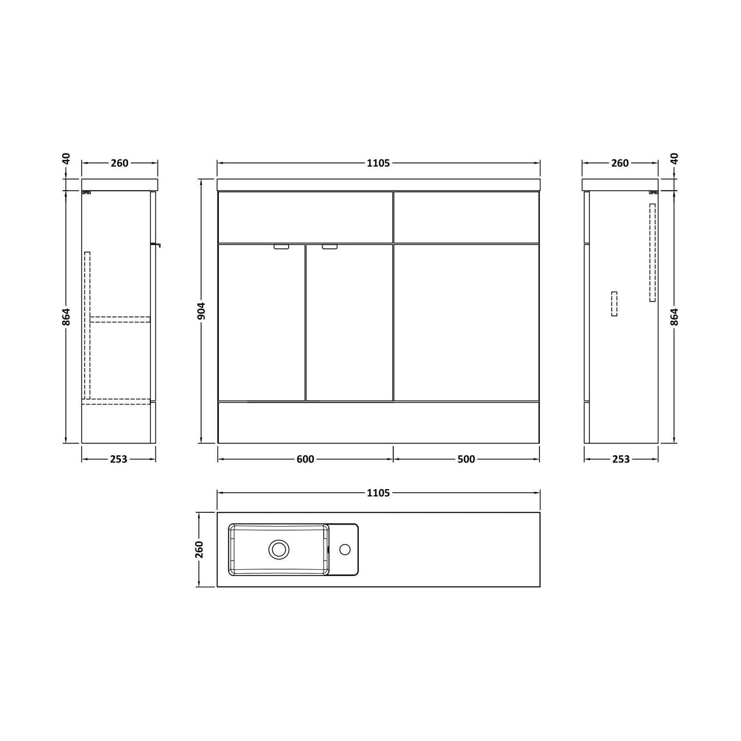 [BFDY3001] Alrewas Contemporary 2 Door Floor Standing Compact Combination Unit with Basin, Bleached Oak, 1100mm - Technical Drawing
