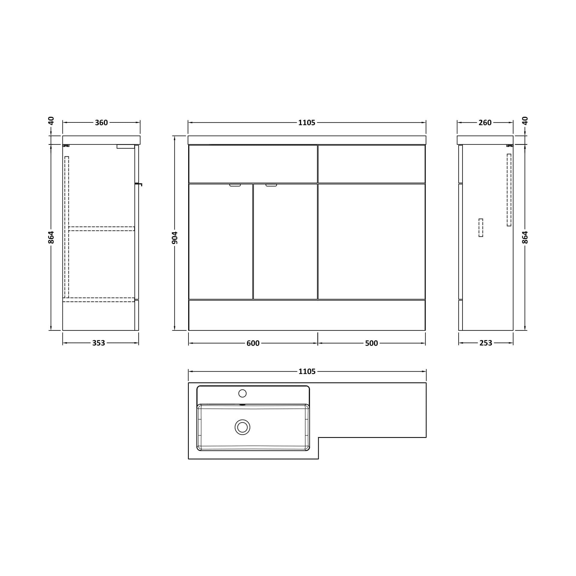 [BFDY3002] Alrewas Contemporary 2 Door Left-Hand Floor Standing Combination Unit with Basin, Bleached Oak, 1100mm - Technical Drawing