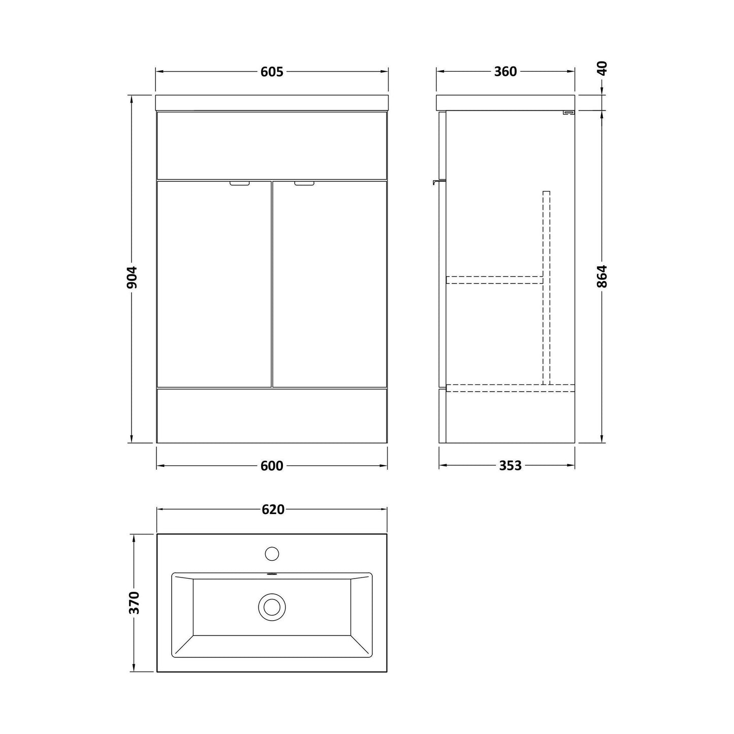 [BFDY3007A] Alrewas Contemporary 2 Door Floor Standing Vanity Unit with Basin, Bleached Oak, 600mm - Technical Drawing