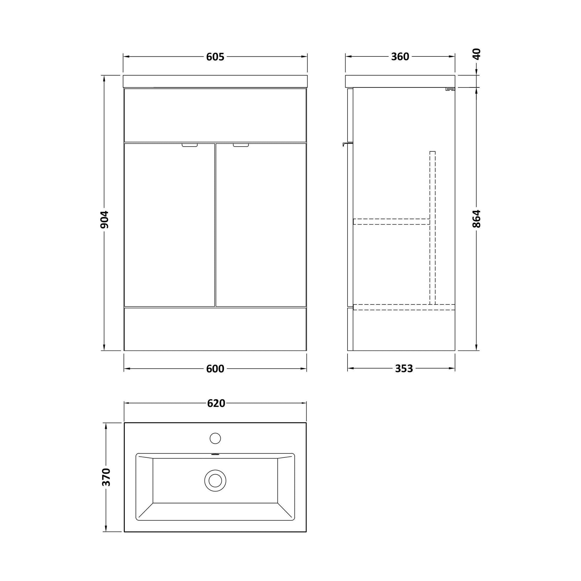 [BFDY3007A] Alrewas Contemporary 2 Door Floor Standing Vanity Unit with Basin, Bleached Oak, 600mm - Technical Drawing