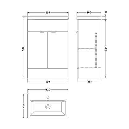 [BFDY3007A] Alrewas Contemporary 2 Door Floor Standing Vanity Unit with Basin, Bleached Oak, 600mm - Technical Drawing