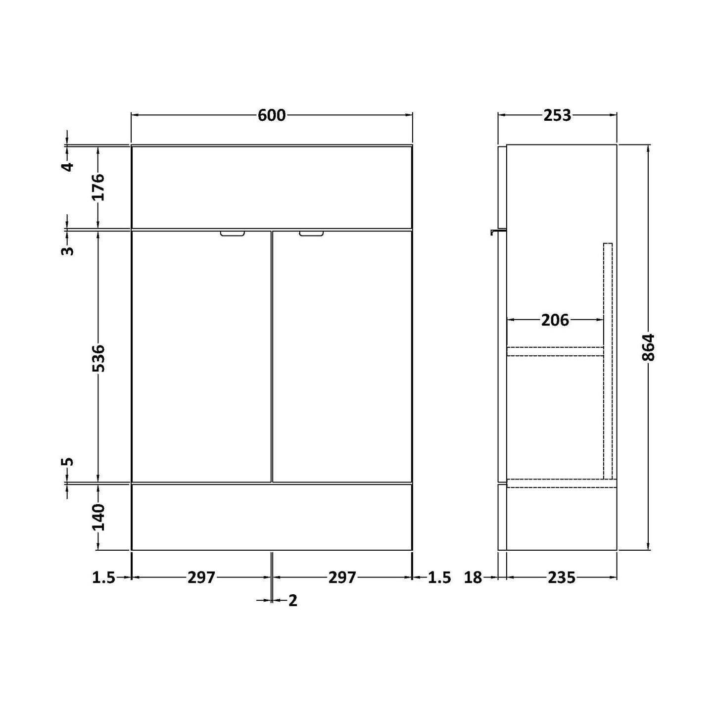 [BFDY3007] 600 Vanity Unit Compact - Technical Drawing