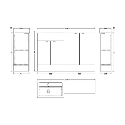 [BFDY3011] Alrewas Contemporary 2 Door Left-Hand Floor Standing Combination Unit with Basin, Bleached Oak, 1200mm - Technical Drawing
