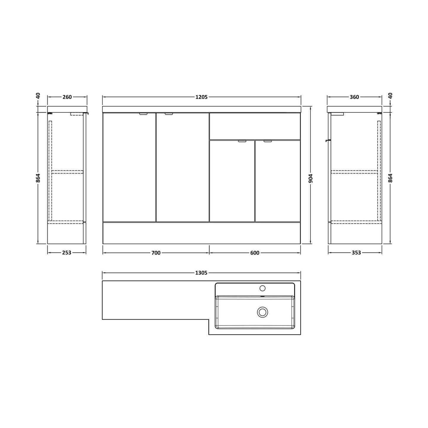 [BFDY3012] Alrewas Contemporary 2 Door Right-Hand Floor Standing Combination Unit with Basin, Bleached Oak, 1200mm - Technical Drawing