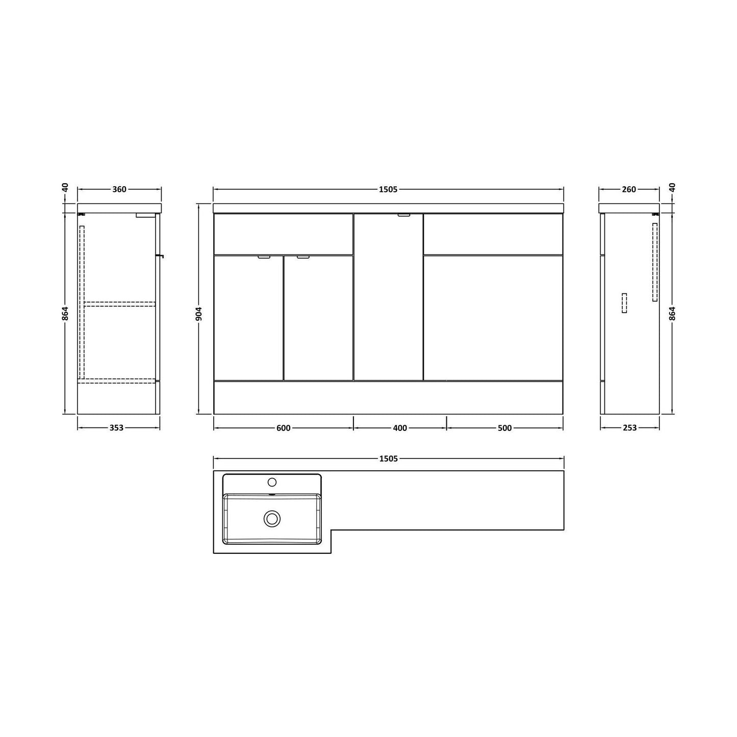 [BFDY3013] Alrewas Contemporary 2 Door Left-Hand Floor Standing Combination Unit with Basin, Bleached Oak, 1500mm - Technical Drawing