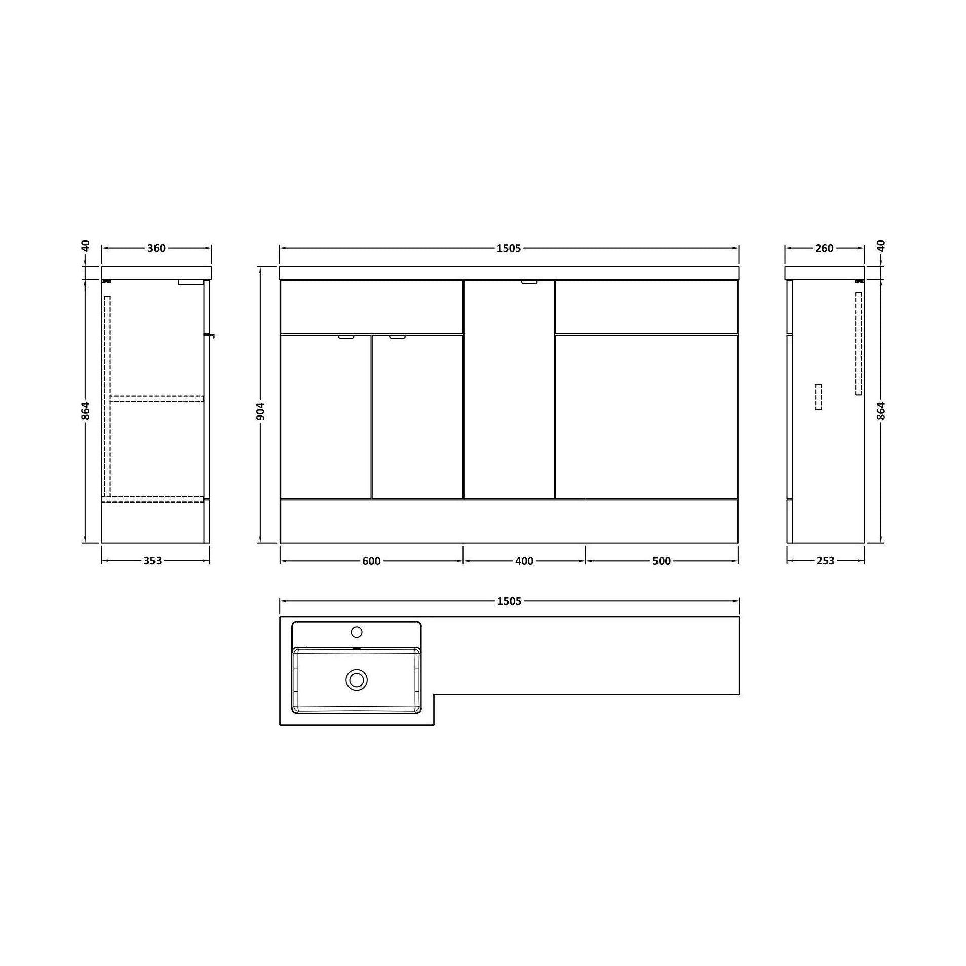 [BFDY3013] Alrewas Contemporary 2 Door Left-Hand Floor Standing Combination Unit with Basin, Bleached Oak, 1500mm - Technical Drawing
