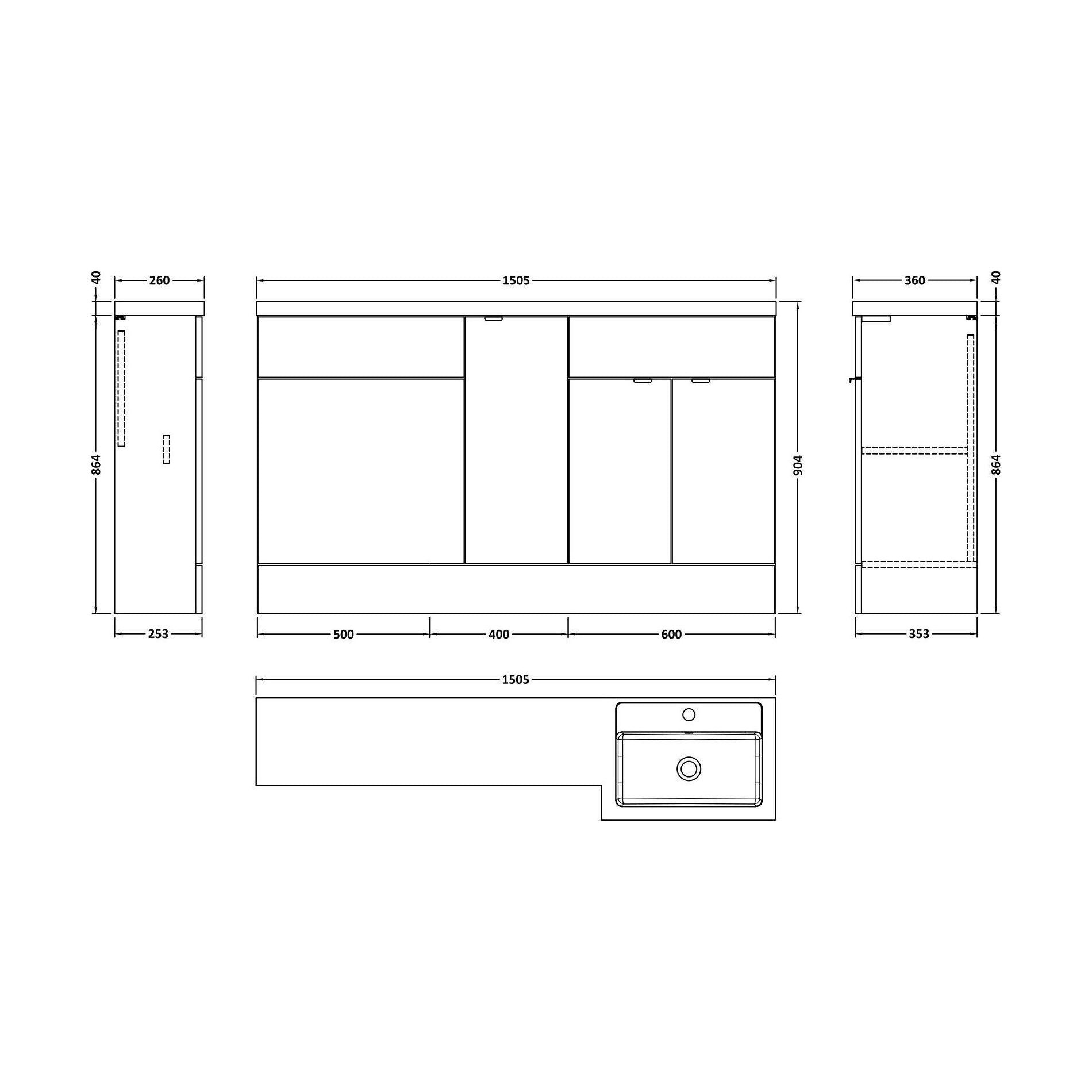 [BFDY3014] Alrewas Contemporary 2 Door Right-Hand Floor Standing Combination Unit with Basin, Bleached Oak, 1500mm - Technical Drawing
