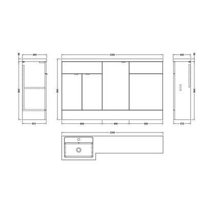 [BFDY3015] Alrewas Contemporary 2 Door Left-Hand Floor Standing Combination Unit with Basin, Bleached Oak, 1500mm - Technical Drawing