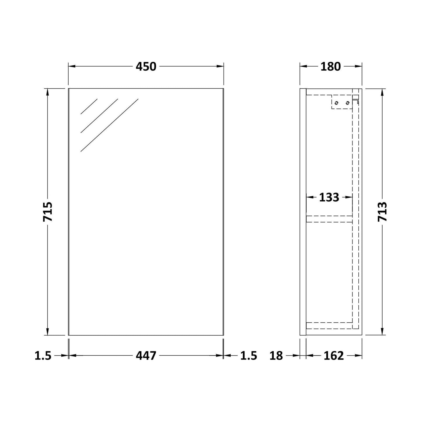 [BFDY3016] 450 Single Mirror Cabinet (180mm Deep) - Technical Drawing