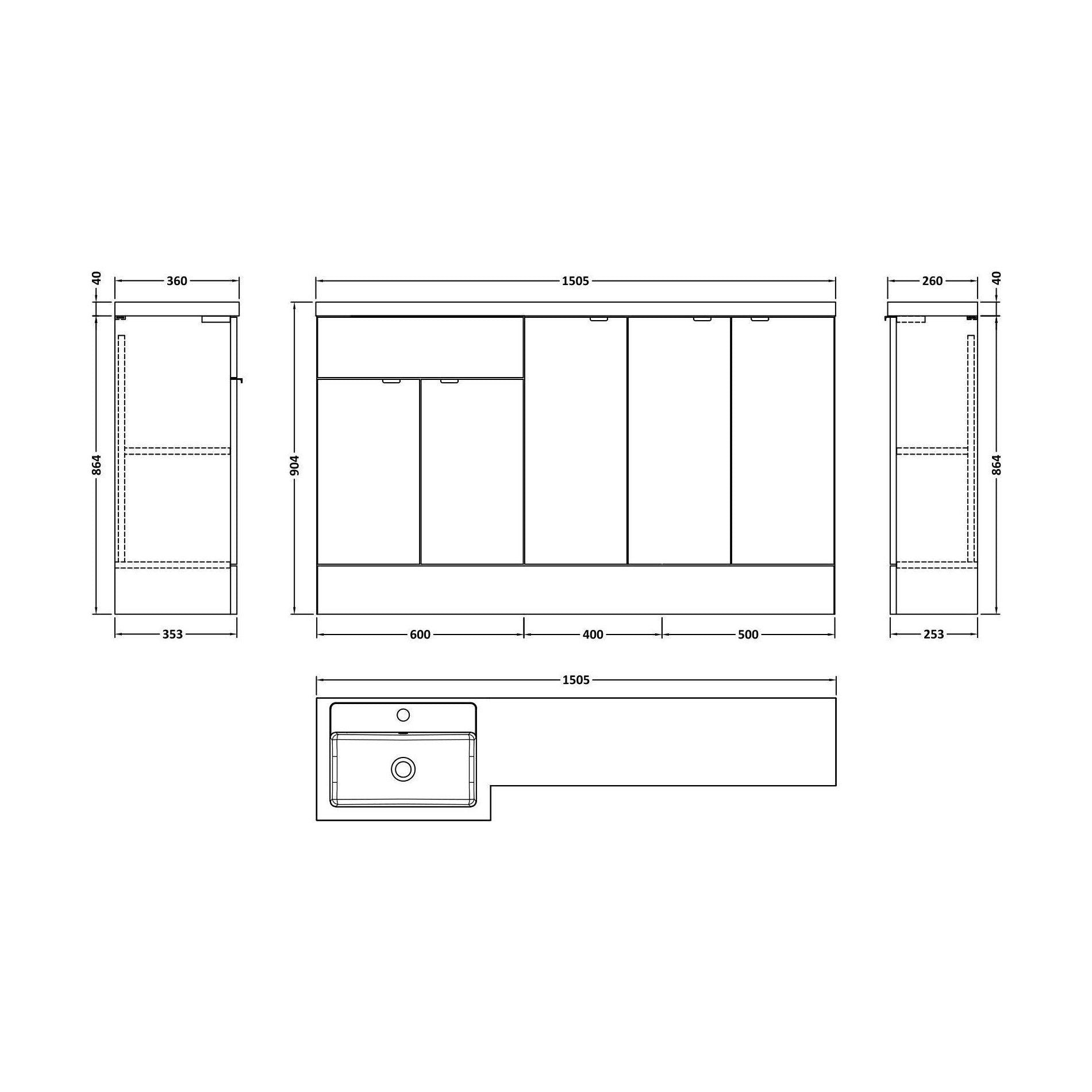 [BFDY3017] Alrewas Contemporary 2 Door Left-Hand Floor Standing Combination Unit with Basin, Bleached Oak, 1500mm - Technical Drawing