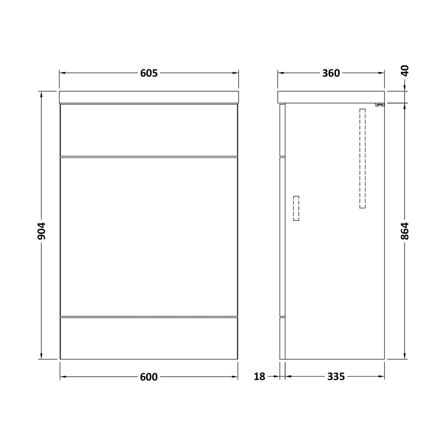 [BFDY3020] Alrewas Contemporary Floor Standing WC Unit with Worktop, Bleached Oak, 600mm - Technical Drawing