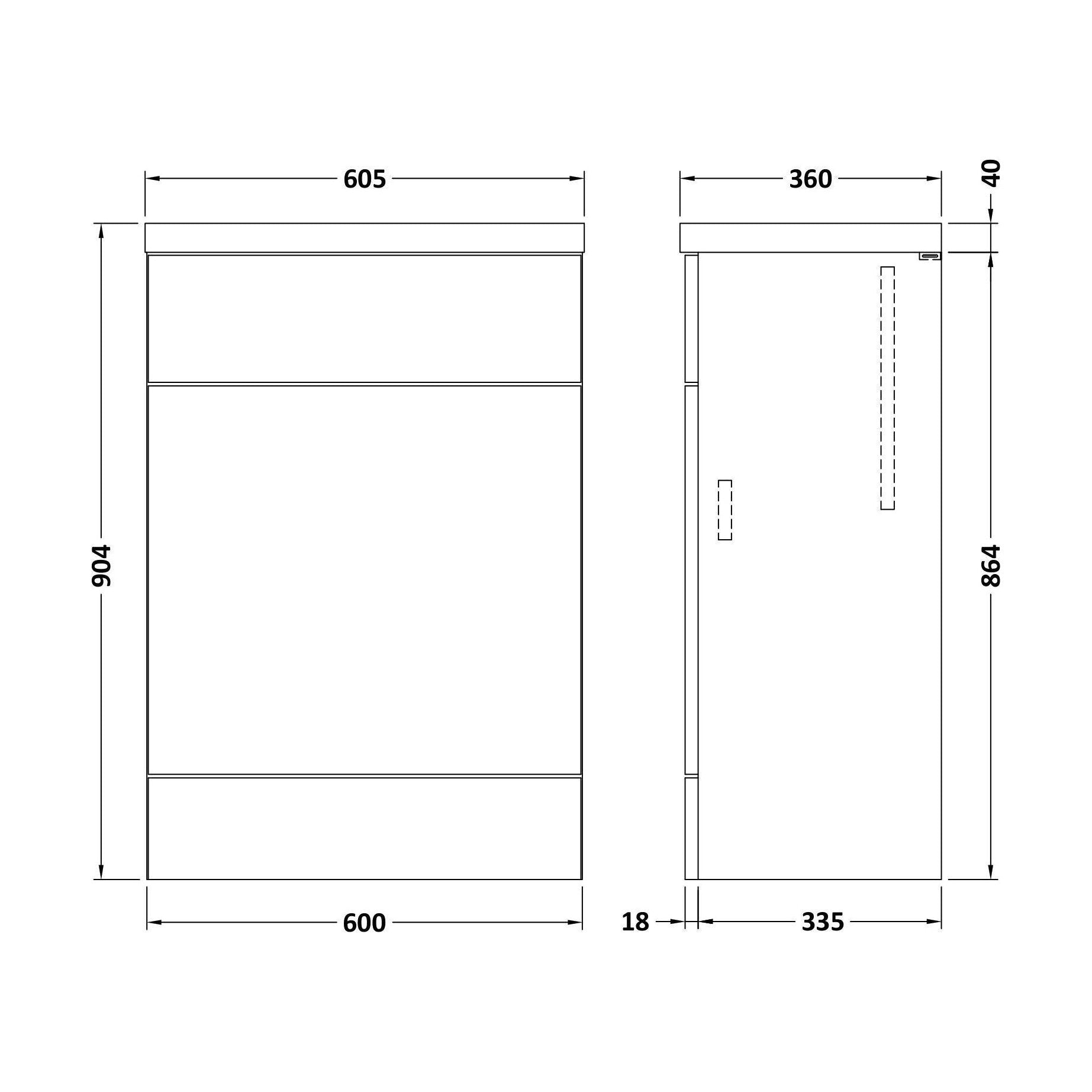 [BFDY3020] Alrewas Contemporary Floor Standing WC Unit with Worktop, Bleached Oak, 600mm - Technical Drawing
