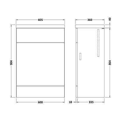 [BFDY3020] Alrewas Contemporary Floor Standing WC Unit with Worktop, Bleached Oak, 600mm - Technical Drawing