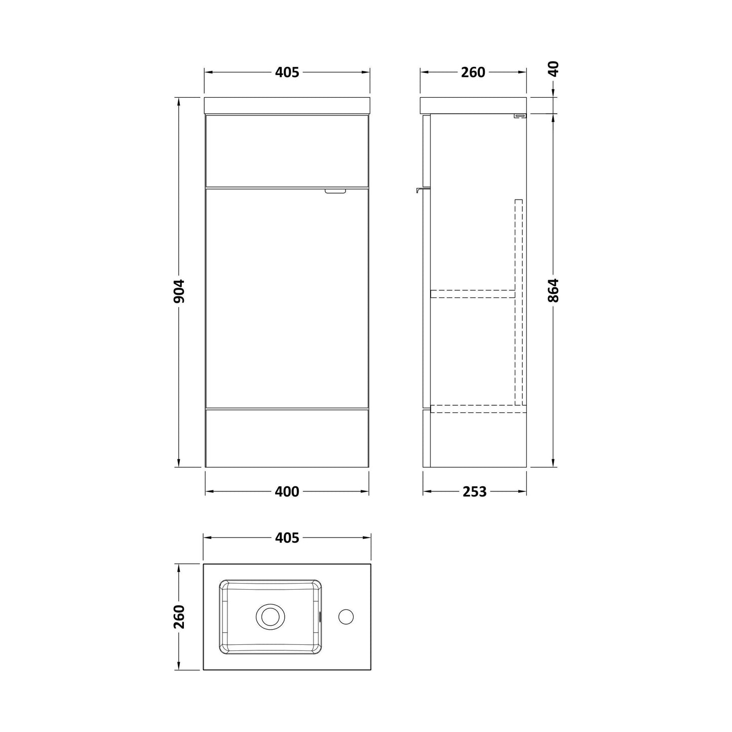[BFDY3021] Alrewas Contemporary 1 Door Floor Standing Compact Vanity Unit with Basin, Bleached Oak, 400mm - Technical Drawing