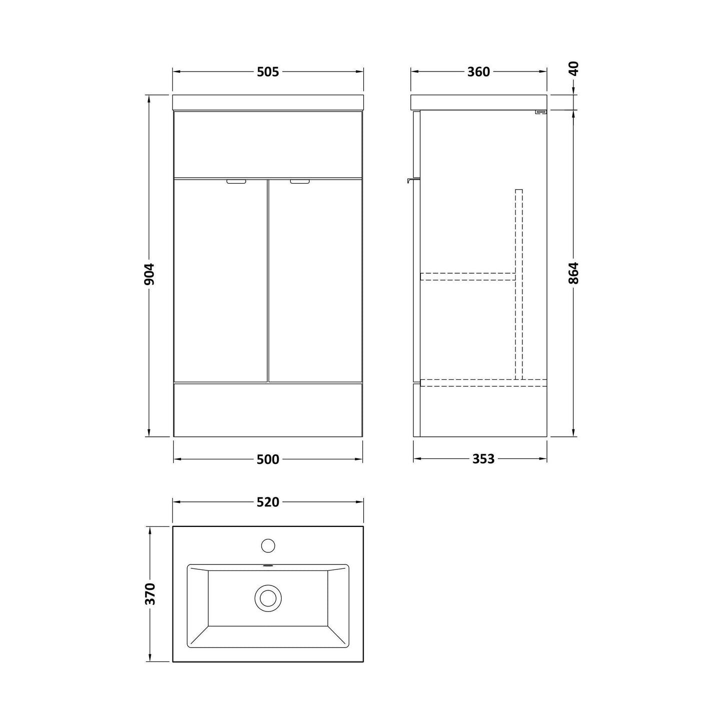 [BFDY3024A] Alrewas Contemporary 2 Door Floor Standing Vanity Unit with Basin, Bleached Oak, 500mm - Technical Drawing