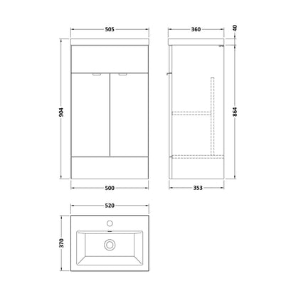 [BFDY3024A] Alrewas Contemporary 2 Door Floor Standing Vanity Unit with Basin, Bleached Oak, 500mm - Technical Drawing