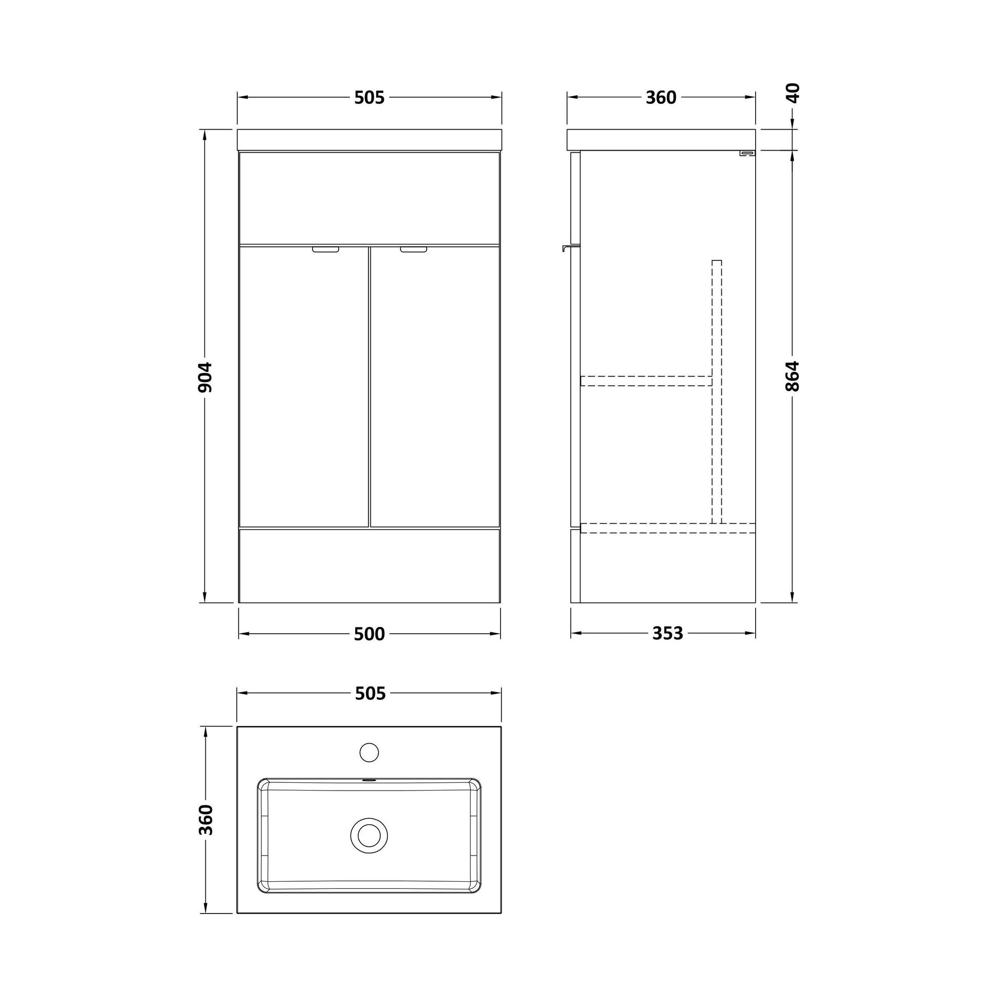 [BFDY3024] Alrewas Contemporary 2 Door Floor Standing Vanity Unit with Basin, Bleached Oak, 500mm - Technical Drawing