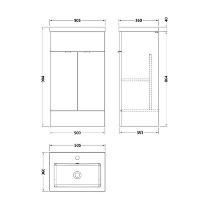 [BFDY3024] Alrewas Contemporary 2 Door Floor Standing Vanity Unit with Basin, Bleached Oak, 500mm - Technical Drawing