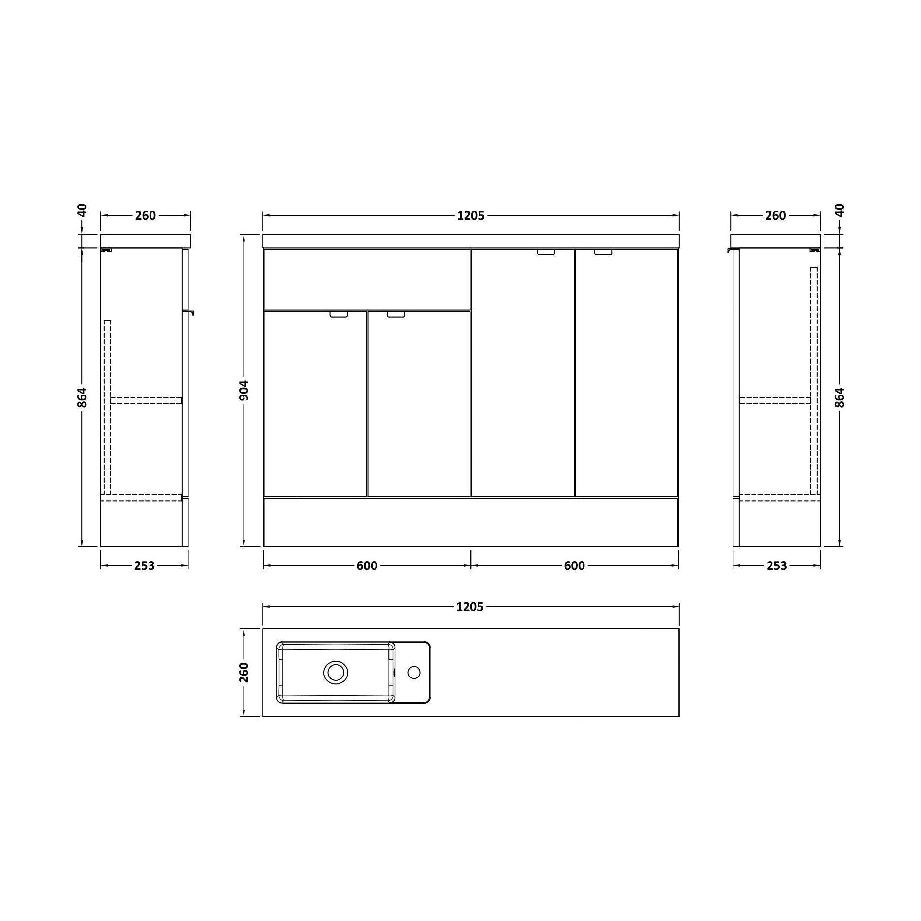 [BFDY3025] Alrewas Contemporary 2 Door Floor Standing Compact Combination Unit with Basin, Bleached Oak, 1200mm - Technical Drawing