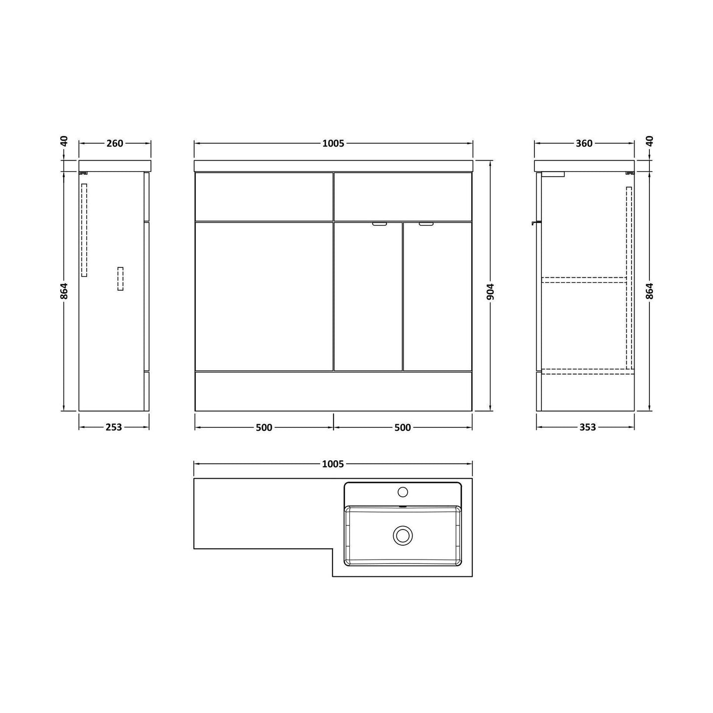 [BFDY3027] Alrewas Contemporary 2 Door Right-Hand Floor Standing Combination Unit with Basin, Bleached Oak, 1000mm - Technical Drawing