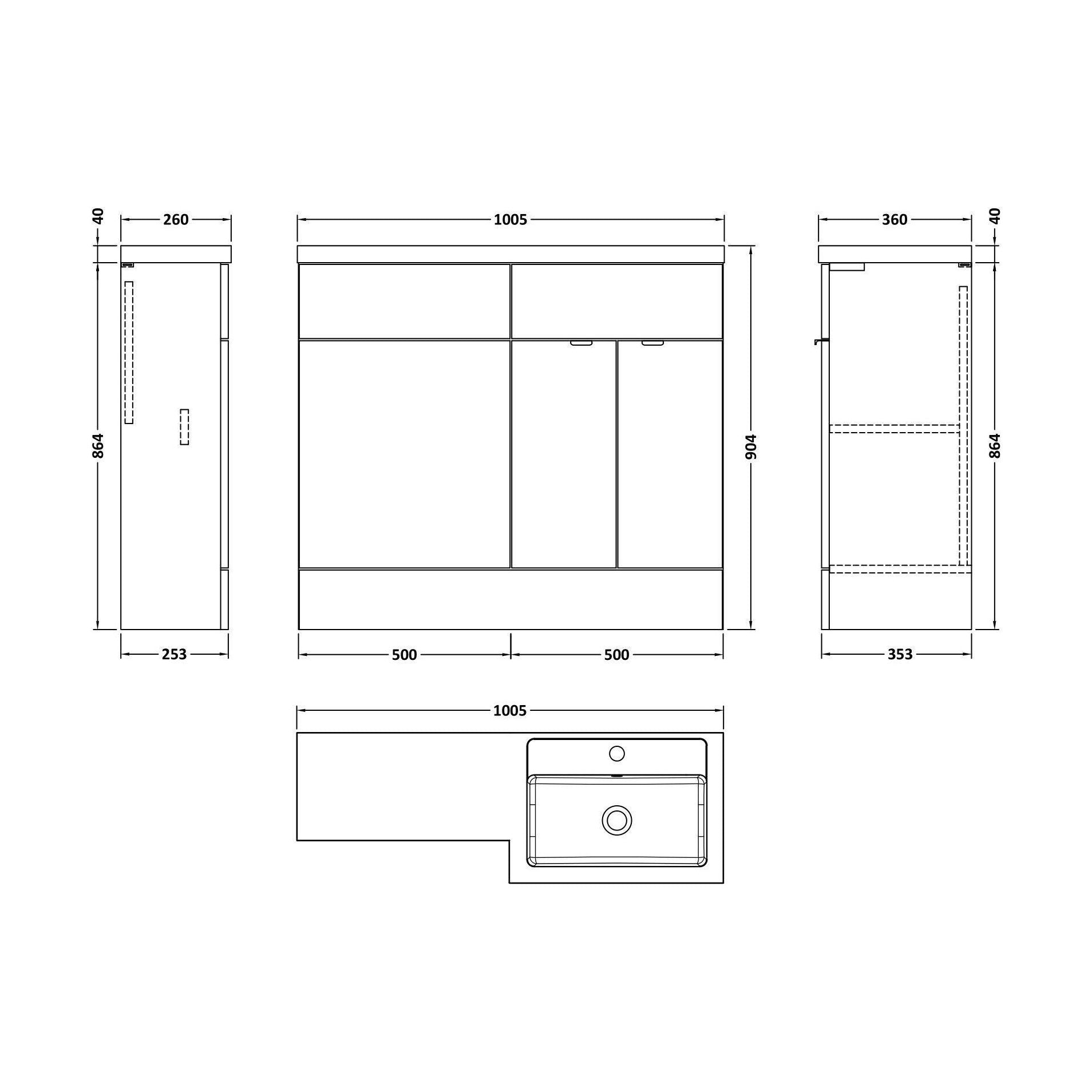 [BFDY3027] Alrewas Contemporary 2 Door Right-Hand Floor Standing Combination Unit with Basin, Bleached Oak, 1000mm - Technical Drawing