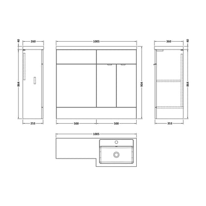 [BFDY3027] Alrewas Contemporary 2 Door Right-Hand Floor Standing Combination Unit with Basin, Bleached Oak, 1000mm - Technical Drawing