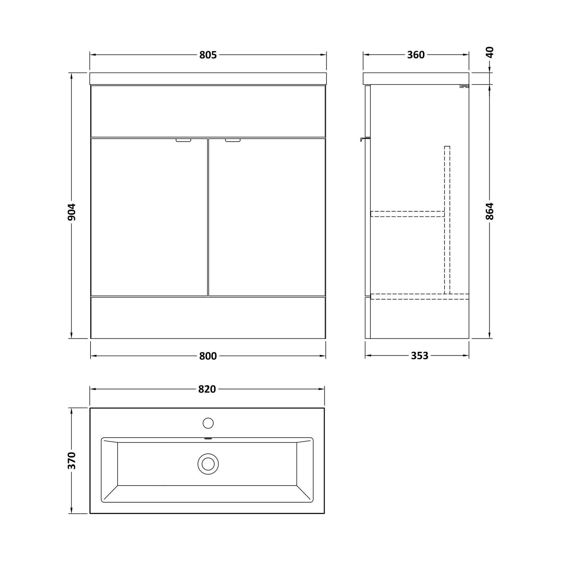 [BFDY3028A] Alrewas Contemporary 2 Door Floor Standing Vanity Unit with Basin, Bleached Oak, 800mm - Technical Drawing