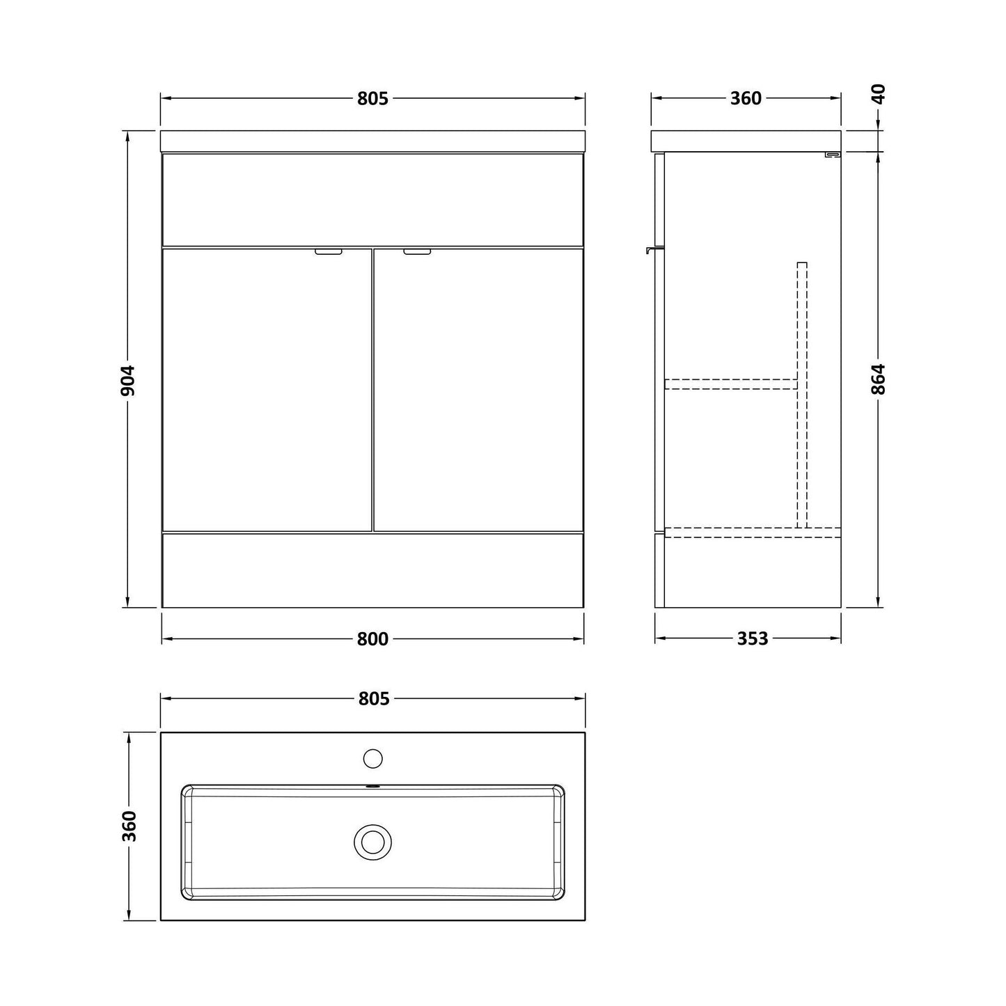 [BFDY3028] Alrewas Contemporary 2 Door Floor Standing Vanity Unit with Basin, Bleached Oak, 800mm - Technical Drawing