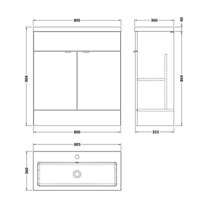 [BFDY3028] Alrewas Contemporary 2 Door Floor Standing Vanity Unit with Basin, Bleached Oak, 800mm - Technical Drawing