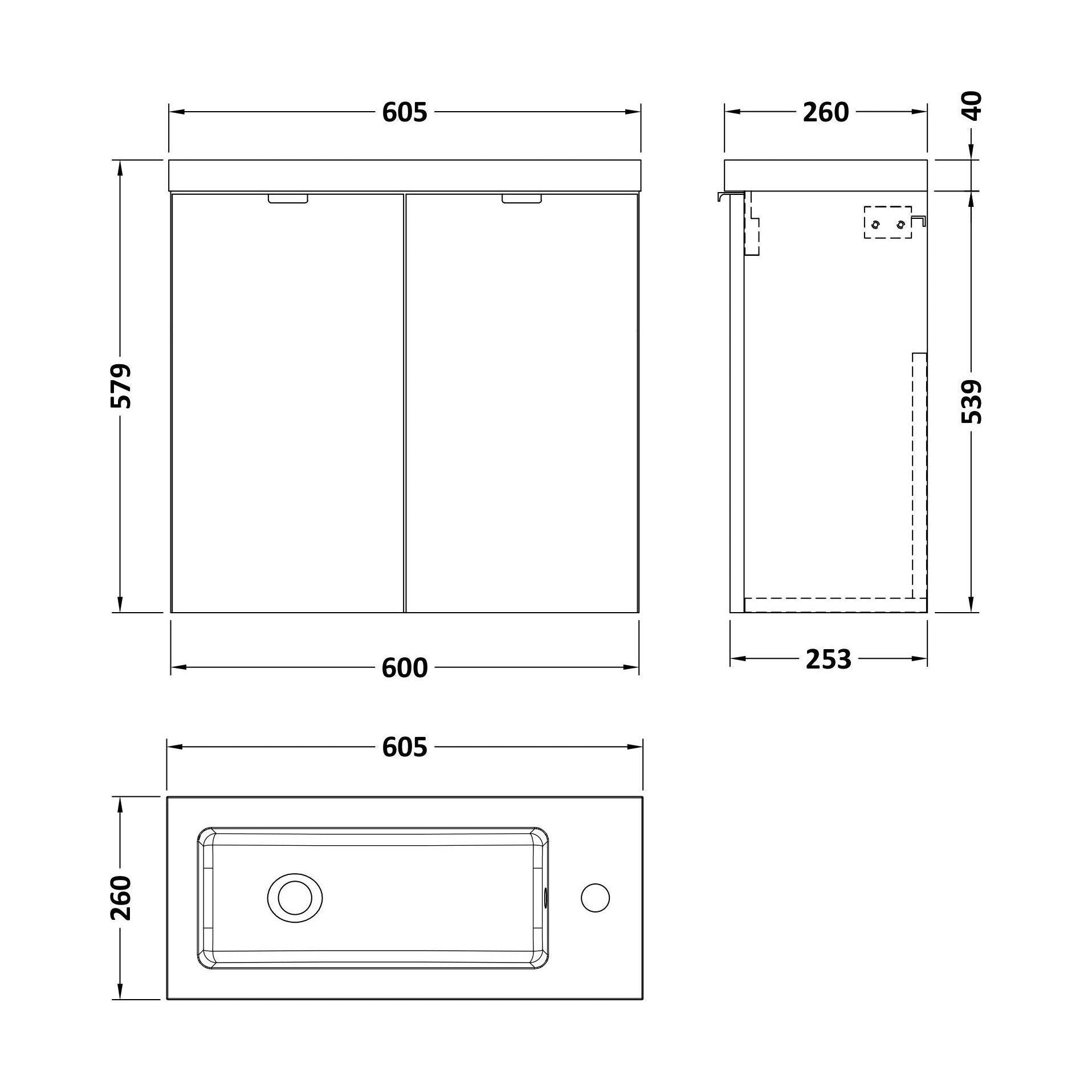 [BFDY3029] Alrewas Contemporary 2 Door Wall Hung Vanity Unit with Basin, Bleached Oak, 600mm - Technical Drawing