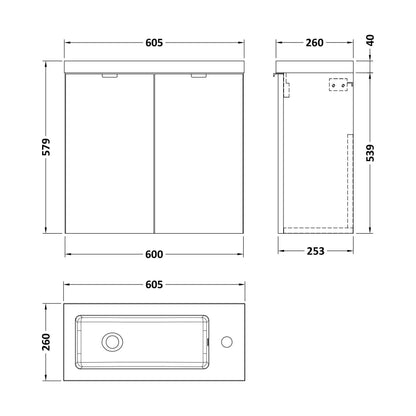 [BFDY3029] Alrewas Contemporary 2 Door Wall Hung Vanity Unit with Basin, Bleached Oak, 600mm - Technical Drawing