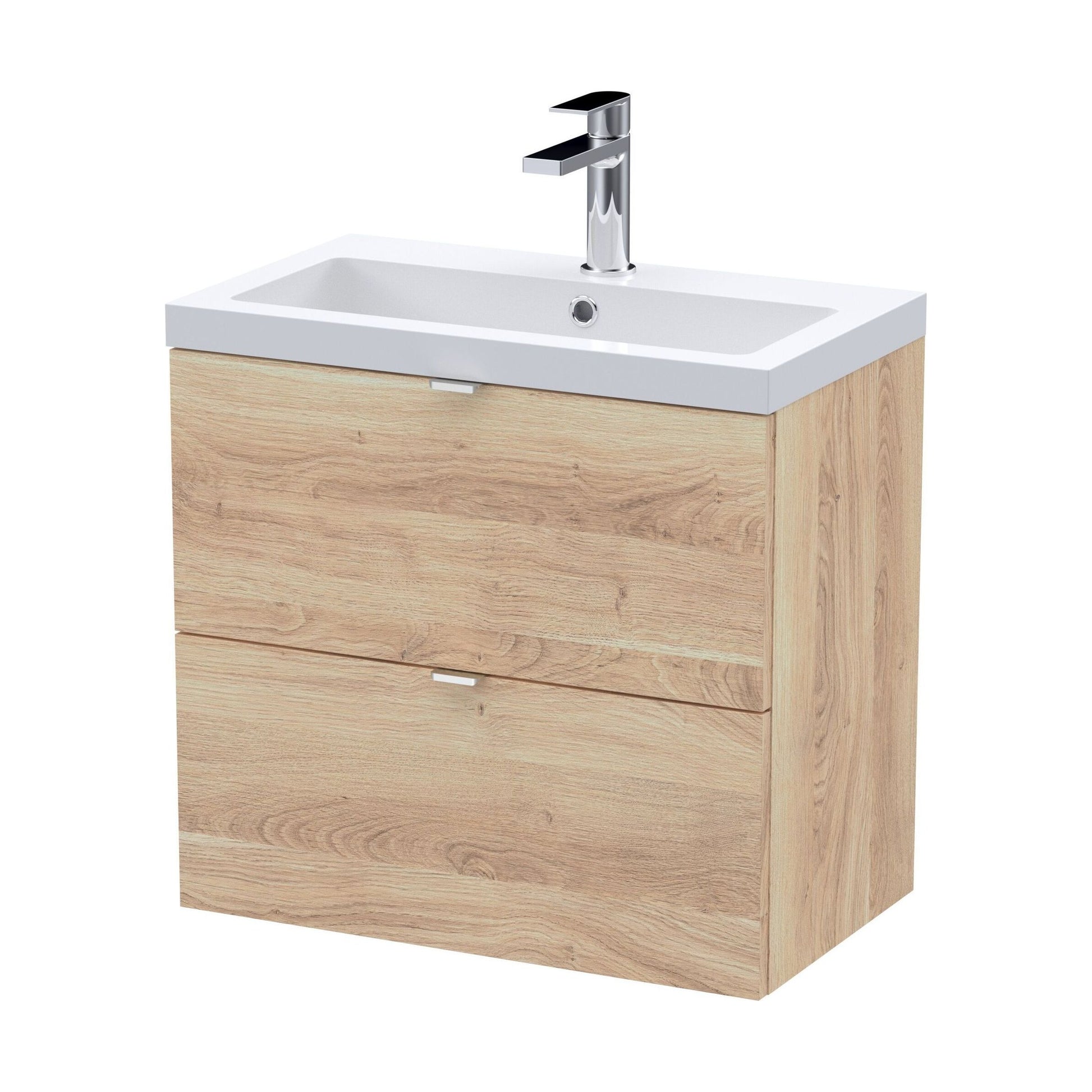[BFDY3030A] Alrewas Contemporary 2 Drawer Wall Hung Vanity Unit with Basin, Bleached Oak, 600mm - Cutout