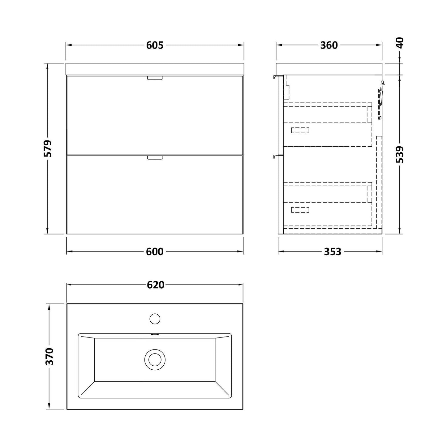 [BFDY3030A] Alrewas Contemporary 2 Drawer Wall Hung Vanity Unit with Basin, Bleached Oak, 600mm - Technical Drawing