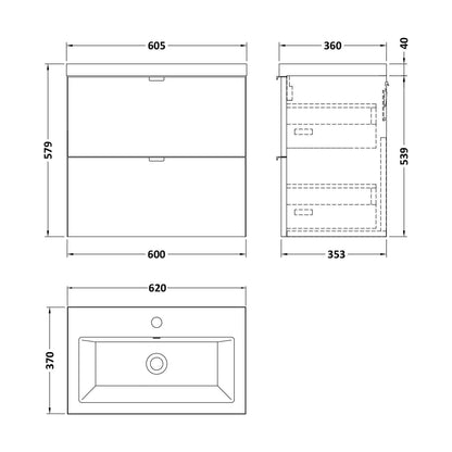 [BFDY3030A] Alrewas Contemporary 2 Drawer Wall Hung Vanity Unit with Basin, Bleached Oak, 600mm - Technical Drawing