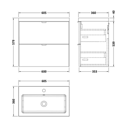 [BFDY3030] Alrewas Contemporary 2 Drawer Wall Hung Vanity Unit with Basin, Bleached Oak, 600mm - Technical Drawing