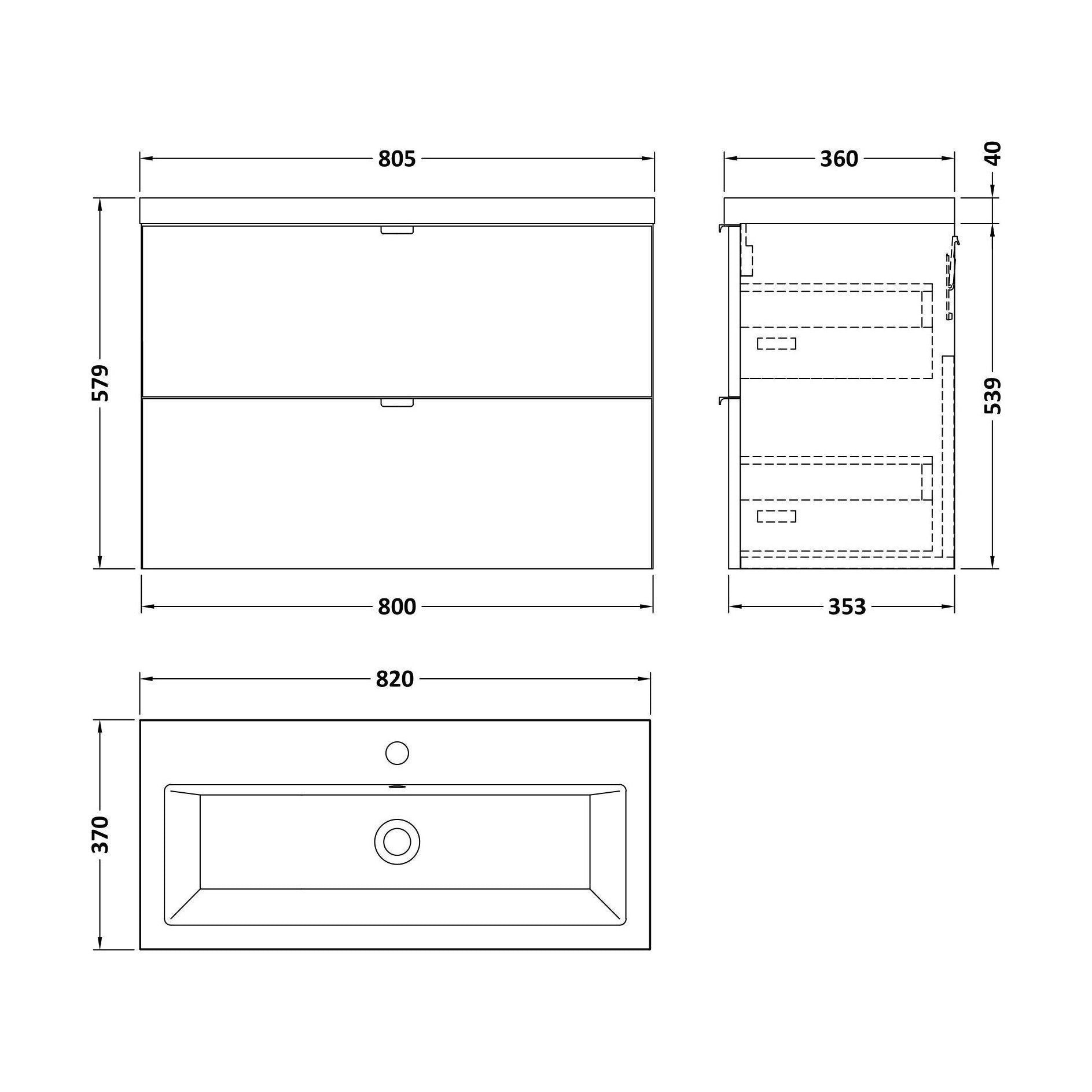 [BFDY3031A] Alrewas Contemporary 2 Drawer Wall Hung Vanity Unit with Basin, Bleached Oak, 800mm - Technical Drawing