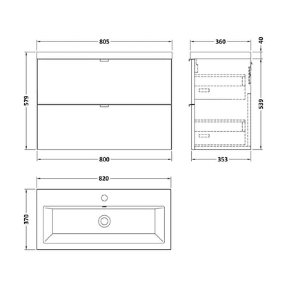 [BFDY3031A] Alrewas Contemporary 2 Drawer Wall Hung Vanity Unit with Basin, Bleached Oak, 800mm - Technical Drawing
