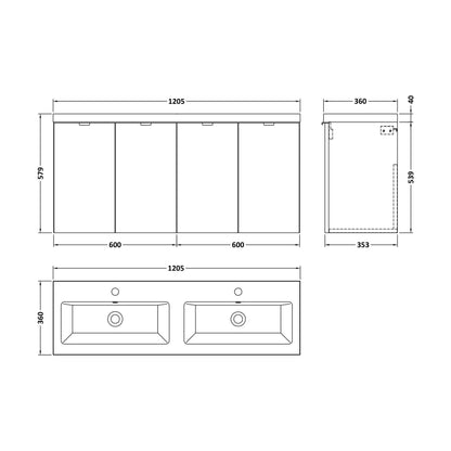 [BFDY3033A] Alrewas Contemporary 4 Door Wall Hung Vanity Unit with Basin, Bleached Oak, 1200mm - Technical Drawing