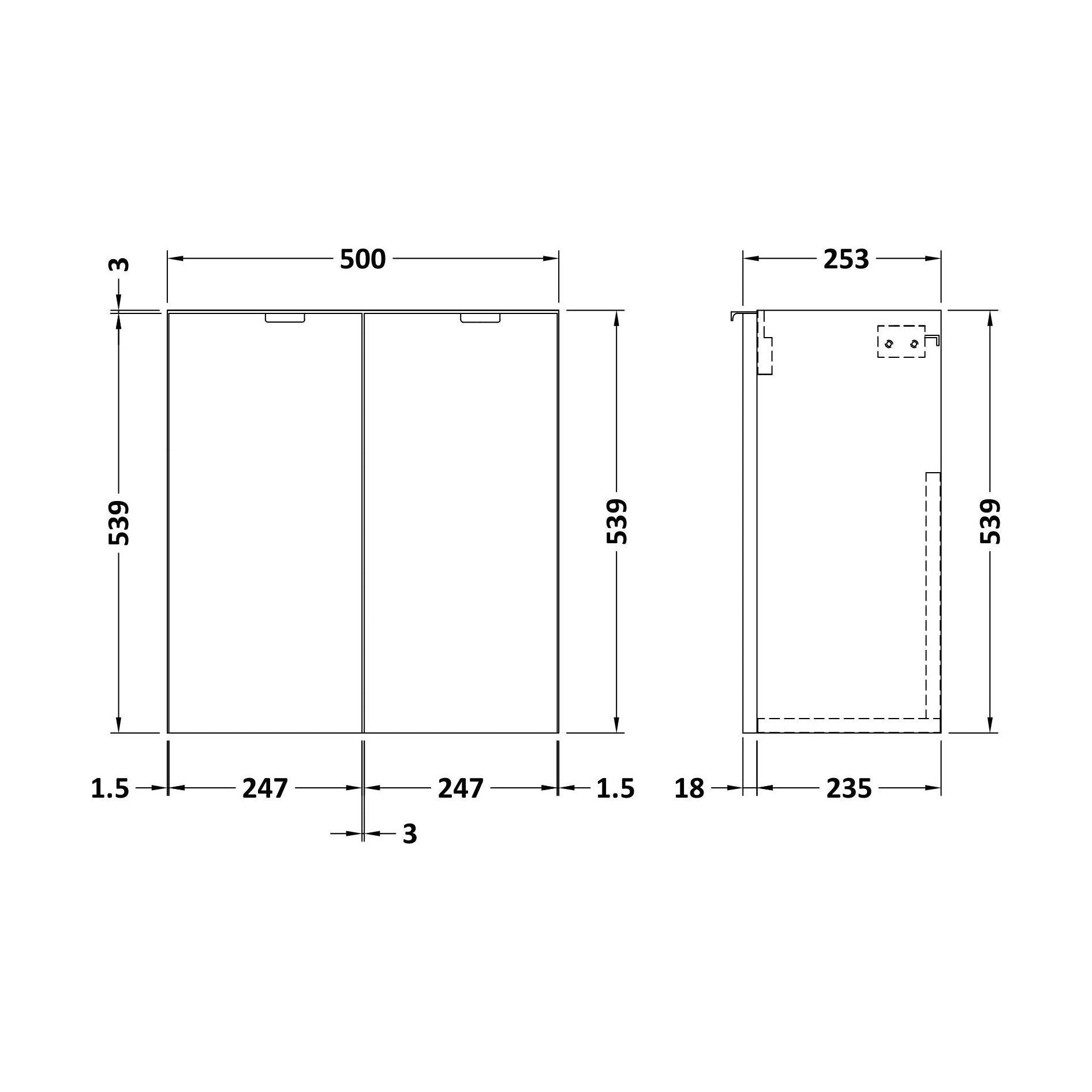 [BFDY3034] 500 2-Door Wall Hung Unit (255MM) - Technical Drawing