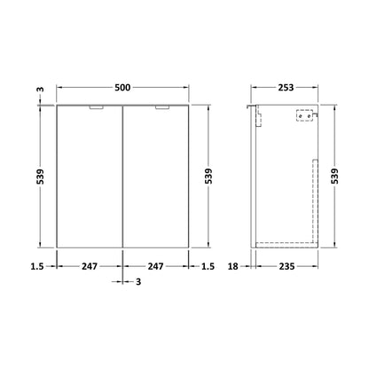 [BFDY3034] 500 2-Door Wall Hung Unit (255MM) - Technical Drawing