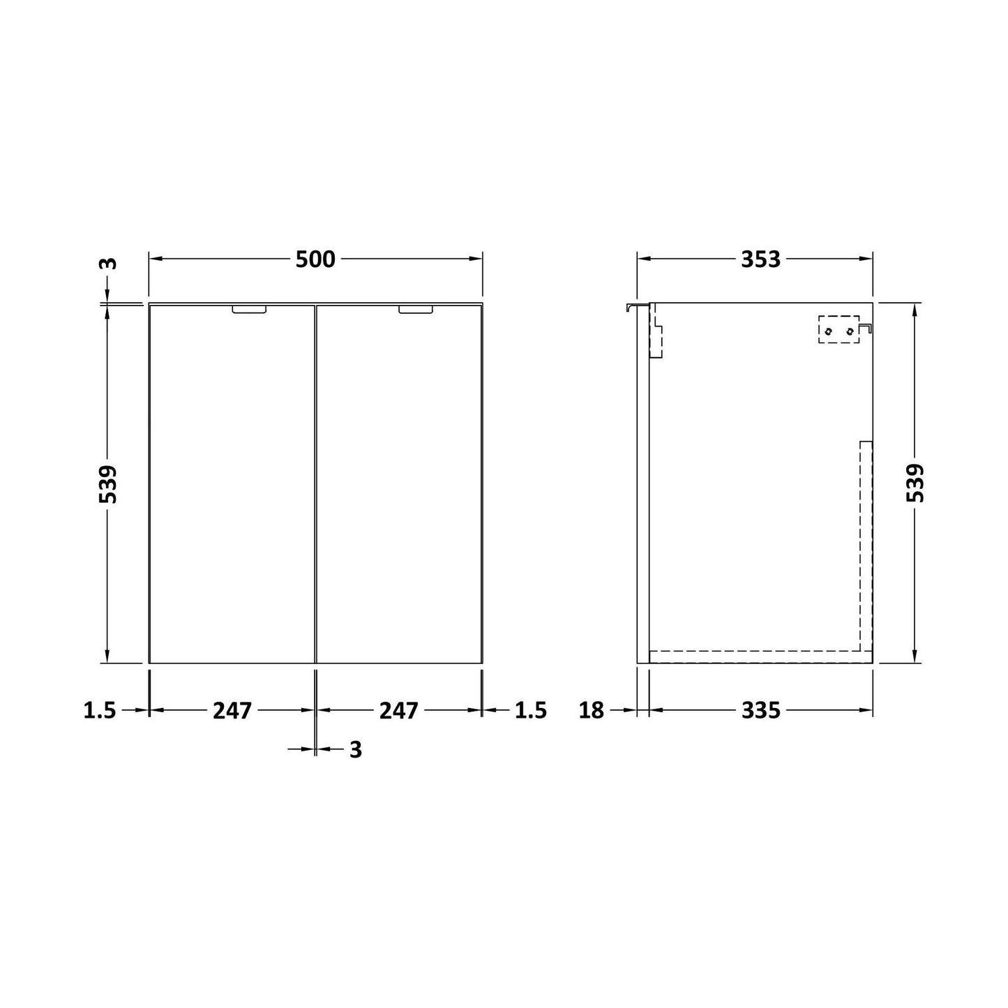 [BFDY3035] 500 2-Door Wall Hung Unit (355MM) - Technical Drawing