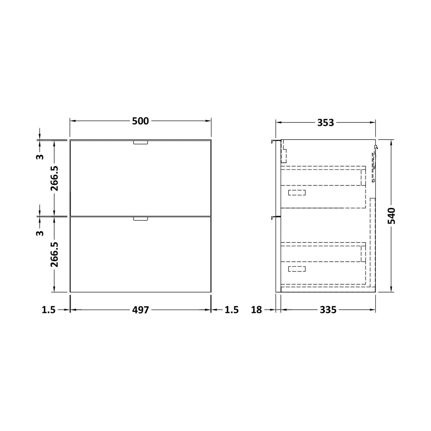 [BFDY3036] 500 2-Drawer Wall Hung Unit (355MM) - Technical Drawing