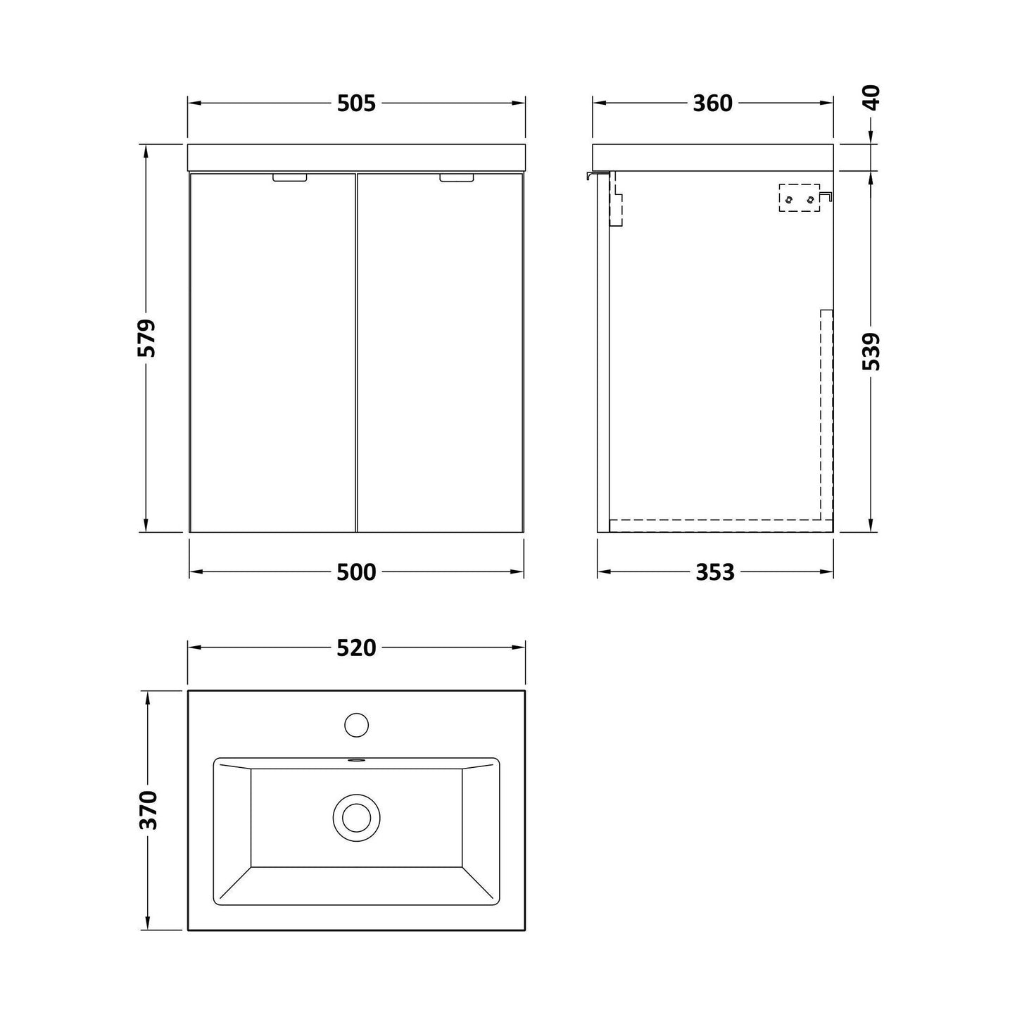 [BFDY3040A] Alrewas Contemporary 2 Door Wall Hung Vanity Unit with Basin, Bleached Oak, 500mm - Technical Drawing