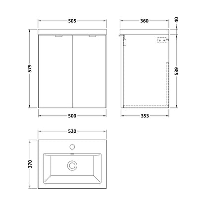 [BFDY3040A] Alrewas Contemporary 2 Door Wall Hung Vanity Unit with Basin, Bleached Oak, 500mm - Technical Drawing