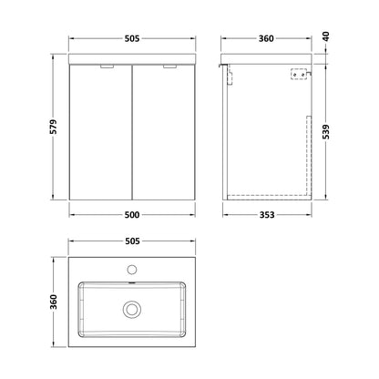 [BFDY3040] Alrewas Contemporary 2 Door Wall Hung Vanity Unit with Basin, Bleached Oak, 500mm - Technical Drawing