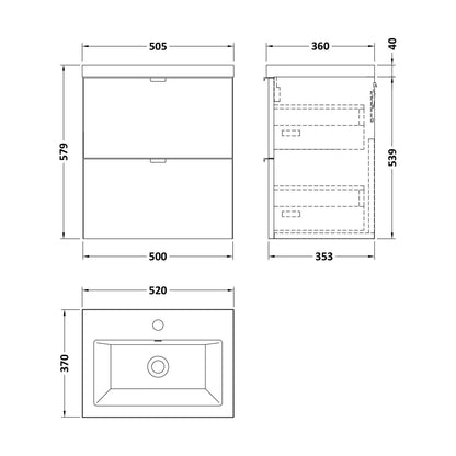 [BFDY3041A] Alrewas Contemporary 2 Drawer Wall Hung Vanity Unit with Basin, Bleached Oak, 500mm - Technical Drawing